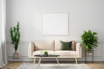 Contemporary Living Room with Blank Horizontal Poster Frame and Minimalistic Style
