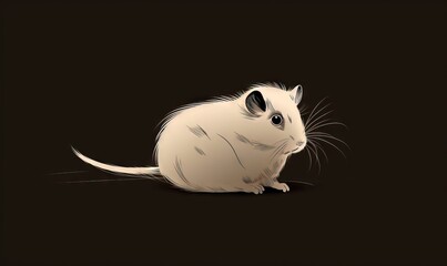  a white rat sitting on top of a black floor next to a black wall.  generative ai