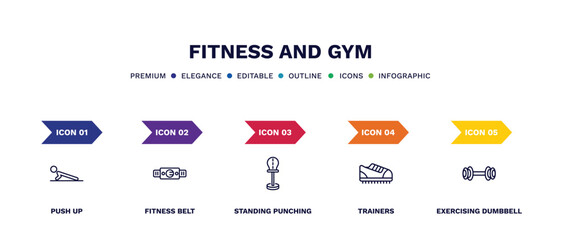 set of fitness and gym thin line icons. fitness and gym outline icons with infographic template. linear icons such as push up, fitness belt, standing punching ball, trainers, exercising dumbbell