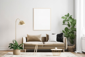 Modern Scandinavian Living Room with Blank Horizontal Poster Frame and Natural Elements