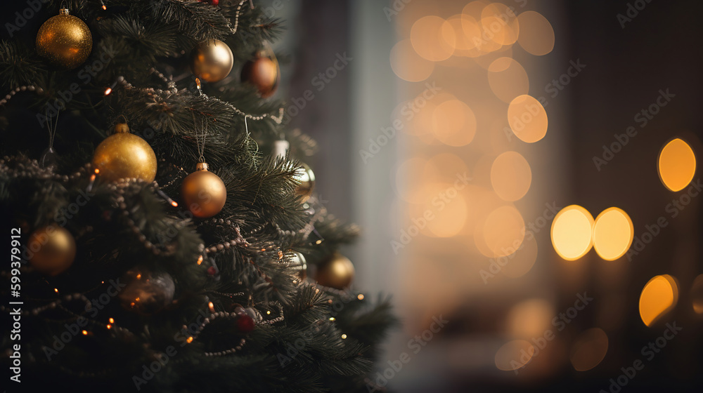 Wall mural decorated christmas tree with bokeh background. generative ai