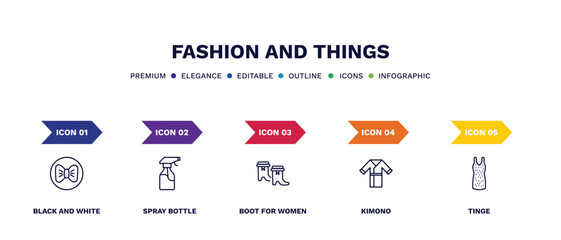 set of fashion and things thin line icons. fashion and things outline icons with infographic template. linear icons such as black and white, spray bottle, boot for women, kimono, tinge vector.