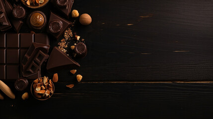 Slices of dark and milk chocolate. Top view with copy space. Generative Ai
