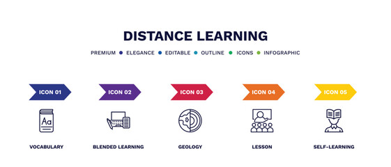 set of distance learning thin line icons. distance learning outline icons with infographic template. linear icons such as vocabulary, blended learning, geology, lesson, self-learning vector.