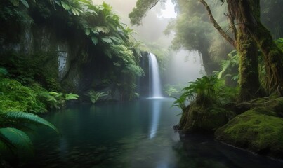  a waterfall in the middle of a forest with a stream running through it.  generative ai