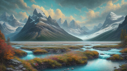 Obraz premium Painting green field of grass and body of water near snowy mountain generative AI technology