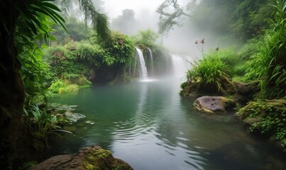  a small waterfall in the middle of a lush green forest.  generative ai