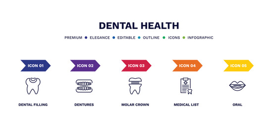 set of dental health thin line icons. dental health outline icons with infographic template. linear icons such as dental filling, dentures, molar crown, medical list, oral vector.