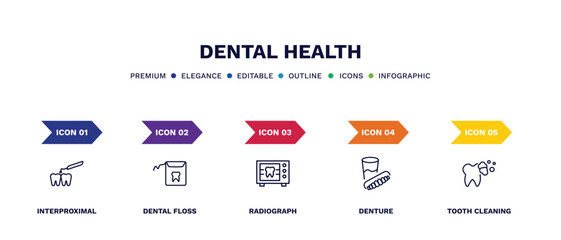 set of dental health thin line icons. dental health outline icons with infographic template. linear icons such as interproximal, dental floss, radiograph, denture, tooth cleaning vector.