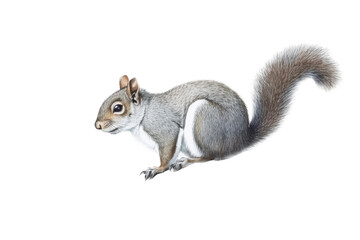 Fototapeta premium an isolated Grey Squirrel, running, jumping, and sitting. Preservation, backyard wildlife, Wildlife-themed, photorealistic illustration on a transparent background cutout in PNG. generative ai