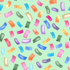 Hand painted watercolor seamless pattern with multicolored festival colorful confetti.Halloween,christmas, birthday party background on green