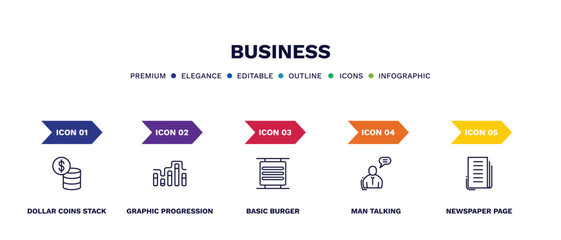 set of business thin line icons. business outline icons with infographic template. linear icons such as dollar coins stack, graphic progression, basic burger, man talking, newspaper page vector.