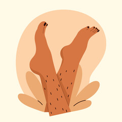 Unshaved hairy female legs with leaves. Body positive, normalize female body hair, skin care. Vector illustration in cartoon style. Isolated white background. - obrazy, fototapety, plakaty