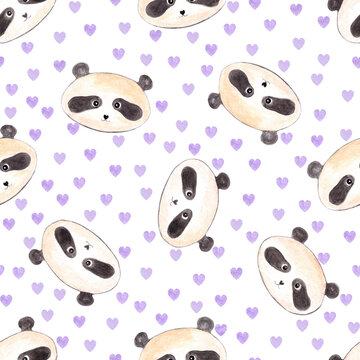 Watercolor hand drawn seamless pattern with cute funny panda heads and little violet hearts on white backgrounds.Aquarelle kids illustrations,valentine's day love feelings backdrop
