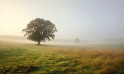 Fototapeta na wymiar a lone tree in a foggy field on a foggy day. generative ai