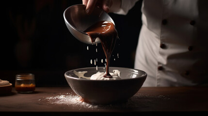 chef pouring melted chocolate onto a bowl . Generative Ai