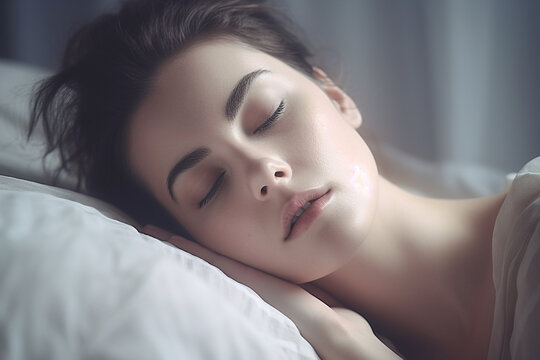 Junge Frau liegt im Bett und schläft ruhig, entspannter und erholsamer Schlaf, ai generativ
