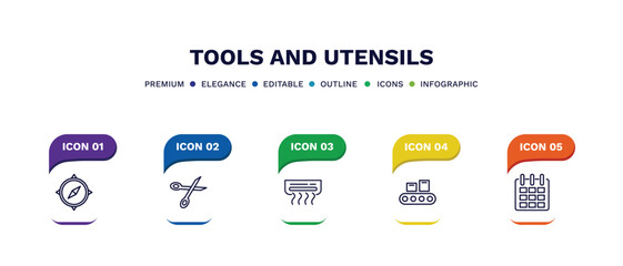set of tools and utensils thin line icons. tools and utensils outline icons with infographic template. linear icons such as cardinal points, open scissors, air conditioning, packing hine, calendar