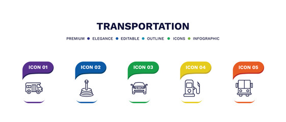 set of transportation thin line icons. transportation outline icons with infographic template. linear icons such as school van, gearshift, auto, petrol station, public transport vector.