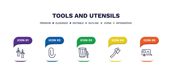 set of tools and utensils thin line icons. tools and utensils outline icons with infographic template. linear icons such as windmills, attachments, trash can open, hand axe, house on wheels vector.