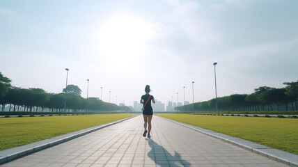 Fototapeta na wymiar fitness woman running in the park on sunny morning. Generative Ai