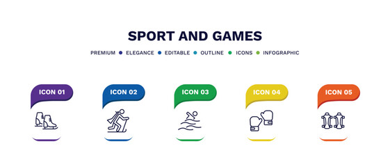 set of sport and games thin line icons. sport and games outline icons with infographic template. linear icons such as ice skates, biathlon, swimming figure, two boxing gloves, shin guards vector.