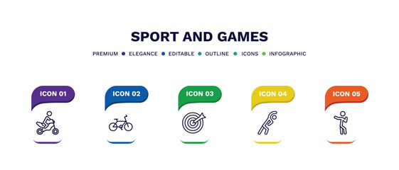 set of sport and games thin line icons. sport and games outline icons with infographic template. linear icons such as motorbike riding, race bike, dartboard with dart, stretching, dancing motion