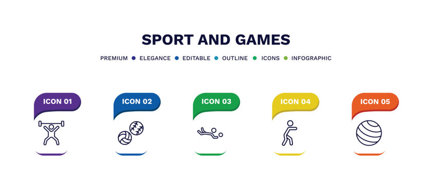 set of sport and games thin line icons. sport and games outline icons with infographic template. linear icons such as weight lifting, balls, volleyball motion, man punching, gym ball vector.