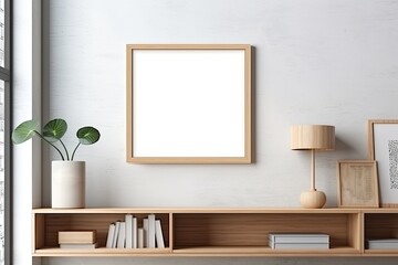 Wooden Picture Frame Mockup Template in Modern Minimalistic Living Room. Generative AI.