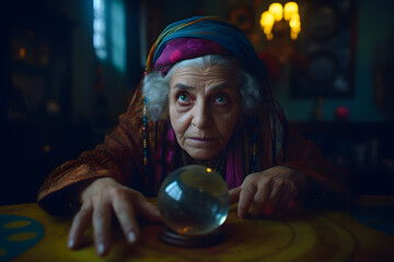 Elderly woman grandmother fortune teller clairvoyant in a headscarf looks into the future predicts fate in using a glass ball. Generative AI.