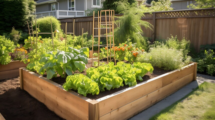 Fototapeta na wymiar A raised garden bed filled with an assortment of vegetables, including tomatoes, lettuce, and peppers, in a sunny backyard created with generative AI