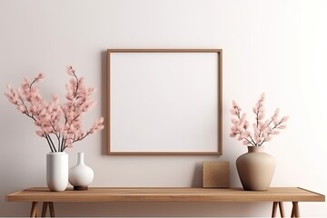 Wooden Picture Frame Mockup Template in Modern Minimalistic Living Room. Generative AI.