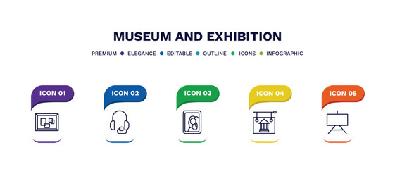 set of museum and exhibition thin line icons. museum and exhibition outline icons with infographic template. linear icons such as pop art, audio guide, gioconda, , museum canvas vector.