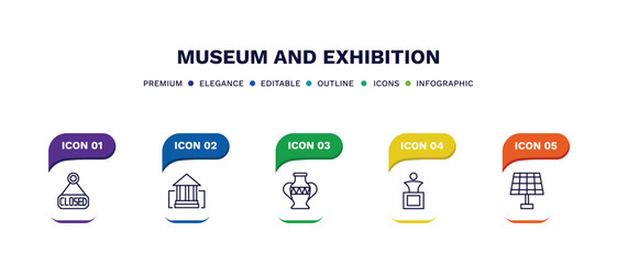set of museum and exhibition thin line icons. museum and exhibition outline icons with infographic template. linear icons such as closed, buffalo, porcelain, sculpture, panel vector.