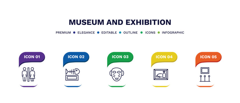 set of museum and exhibition thin line icons. museum and exhibition outline icons with infographic template. linear icons such as restroom, fishbone, african mask, still life, exhibition vector.