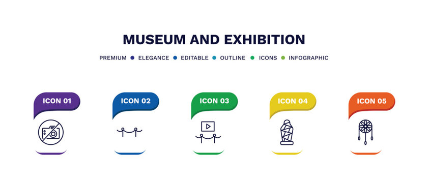 set of museum and exhibition thin line icons. museum and exhibition outline icons with infographic template. linear icons such as no photo, museum fencing, electronics, sarcophagus, dreamcatcher