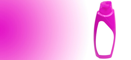 shower gel in a purple bottle on a white background. hygiene product in a plastic pink bottle on a light texture. shampoo production concept