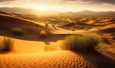  the sun is setting over a desert with sand dunes and grass.  generative ai