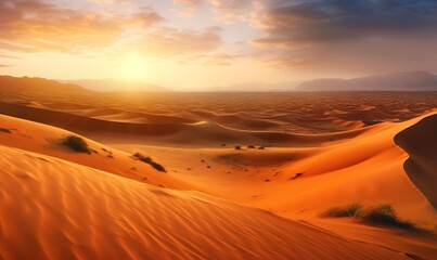  the sun is setting over a desert with sand dunes in the foreground.  generative ai