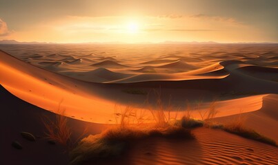  the sun is setting over a desert with sand dunes and grass.  generative ai