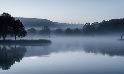 Fototapeta premium a body of water with trees in the background on a foggy day. generative ai