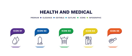 set of health and medical thin line icons. health and medical outline icons with infographic template. linear icons such as blood drop, condom, abs, syrup, measure tape vector.