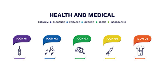 set of health and medical thin line icons. health and medical outline icons with infographic template. linear icons such as punching bag, sperm, ophthalmology, injection, patient robe vector.