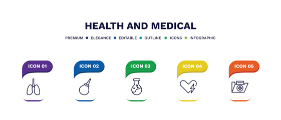 set of health and medical thin line icons. health and medical outline icons with infographic template. linear icons such as lung, enema, poisonous, defibrillator, medical file vector.