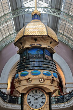The hanging-animated-turret Great Australian Clock inside the Queen Victoria Building. Sydney-Australia-628