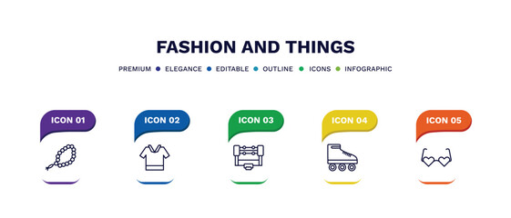 set of fashion and things thin line icons. fashion and things outline icons with infographic template. linear icons such as tasbih, safety shirt, boxing ring, roller skater, heart eyeglasses vector.