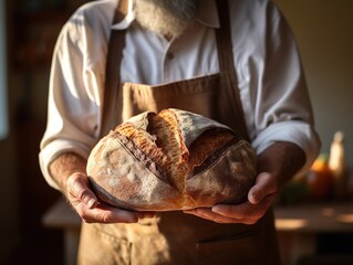 Baker Holding Freshly Baked Loaf of Bread in Bakery