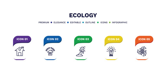 set of ecology thin line icons. ecology outline icons with infographic template. linear icons such as green home, ecological house, wind bending tree, green energy, recycling vector.