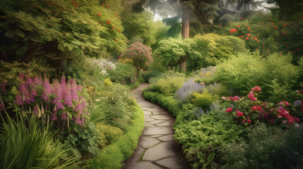 A tranquil garden path winding through a picturesque landscape of trees, flowers, and bushes.
