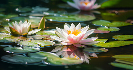 Beautiful pink lotus flower with a green leaf in the pond. A pink lotus water lily blooming on the water, magical spring,summer dreamy background - Powered by Adobe